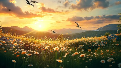 Vibrant sunset over a flower-filled meadow with birds soaring in the sky and mountains in the background