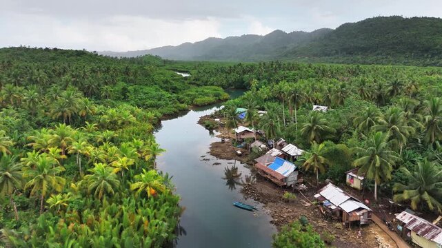 Drone shot over Mataob Maasin Mangrove, Siargao Islands, Philippines, showing lush nipa palms, a winding river, stilt houses, and coconut trees framed by forested hills