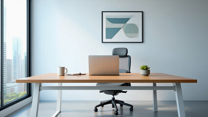 Modern Office Desk with Laptop, Minimalist Workspace and Home Office Setup