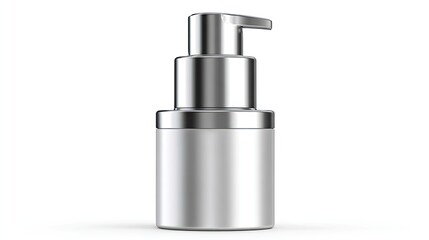 Silver cosmetic bottle with pump dispenser, isolated on white background, showcasing sleek design and functionality.