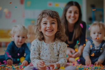 Group of small nursery school children with a teacher sitting on the floor indoors in the classroom, engaging in learning activities, Generative AI