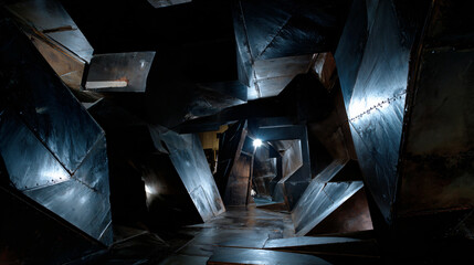 Futuristic Metallic Architecture Urban Tunnel Light Reflections Modern Minimalism Shapes Interior Art Geometry Design Abstract Textures Structure Dynamics Shadows Silhouette Contrast Construction 