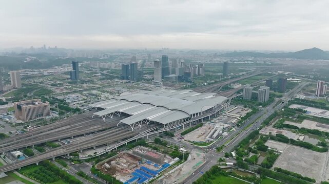 Overview of guangzhou south railway station and surrounding urban area in china
