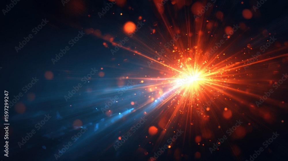 Poster vivid burst of light radiates energy, surrounded by shimmering particles against a dark background. 