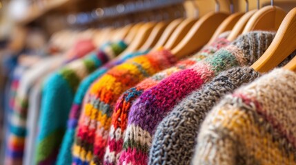 A variety of vibrant hand-knitted sweaters are displayed on wooden hangers in a quaint boutique. The textures and colors attract attention, highlighting local craftsmanship and cozy fashion.