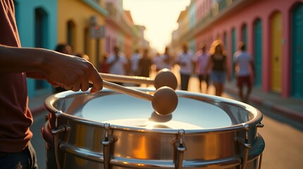 Naklejka premium Musician Playing Steelpan Drum in Street Festival