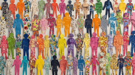 Fototapeta premium A vibrant collection of silhouettes in various colors and patterns creates a dynamic visual impact on a white backdrop.