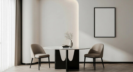 Photo of a modern dining room features a round marbletop table with two beige chairs and a framed picture on the wall