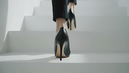 Low-angle tracking shot, heels walking up minimalist staircase, bouncing soft shadows