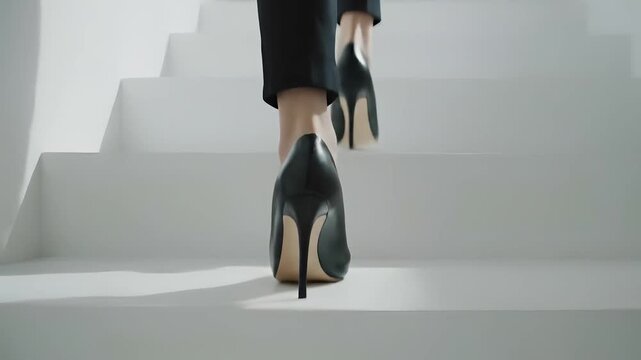Low-angle tracking shot, heels walking up minimalist staircase, bouncing soft shadows