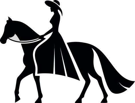 2D flat silhouette of a woman riding a horse side-saddle in a graceful and upright posture.