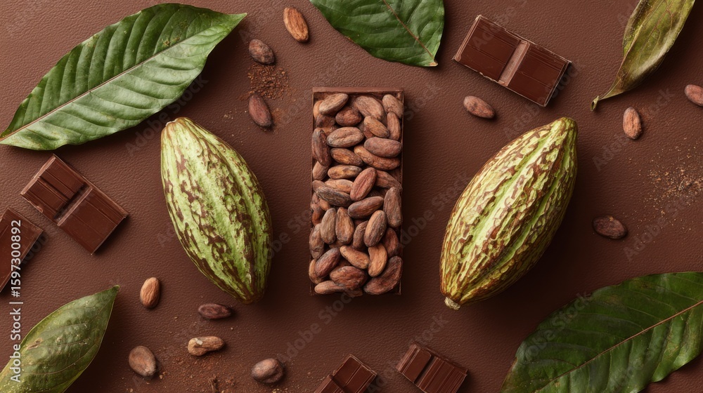 Poster vibrant cocoa pods and beans are arranged around dark chocolate pieces on a textured surface, showca