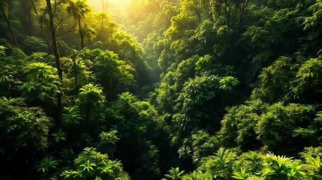 Sunlight streaming through green trees in a peaceful morning forest landscape Creative  cinematic horizontal video footage