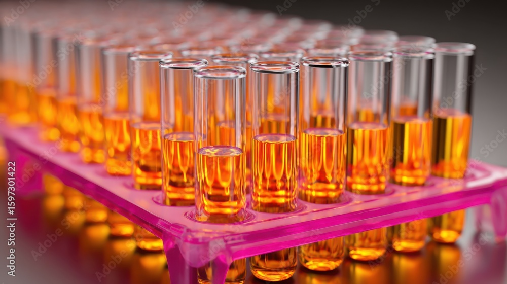 Poster a laboratory setting showcases a rack filled with numerous test tubes containing vibrant orange liqu