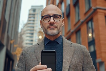 Businessman displaying data on smartphone in urban setting during daylight hours