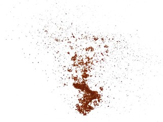 Pile cocoa powder isolated on white, top view. Cocoa powder explosion on white background. pile cinnamon powder isolated on white background. Cocoa Powder Isolated, Cacao Dust Pile.
