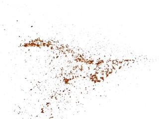 Pile cocoa powder isolated on white, top view. Cocoa powder explosion on white background. pile cinnamon powder isolated on white background. Cocoa Powder Isolated, Cacao Dust Pile.