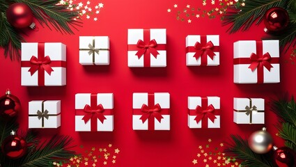 Elegant Christmas Gifts on Red Background with Festive Decorations