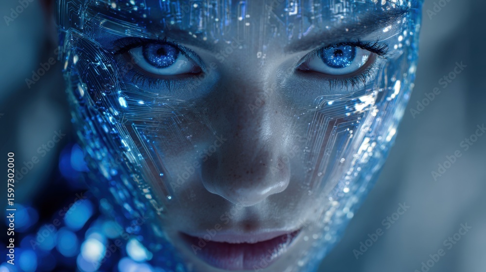 Poster a humanoid figure showcases intricate digital circuit patterns on its face and body, illuminated by 