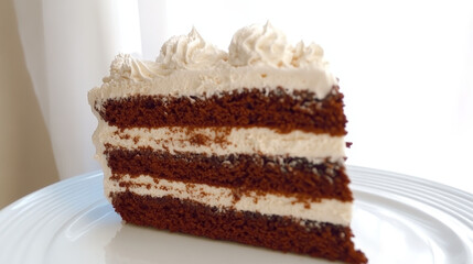 Delicious slice of chocolate and cream cake. Perfect sweet treat for any occasion.