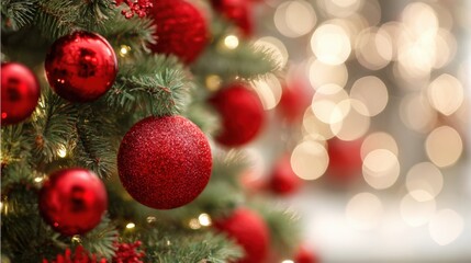 Fototapeta premium A beautifully adorned Christmas tree features bright red ornaments and twinkling lights in a festive setting, capturing the warmth of the holiday spirit and joy.