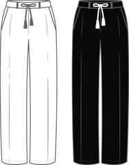 Women's Wide Leg Drawstring Pants Technical Fashion Illustration Flat Sketch Template, Apparel Clothing Design Blank Mockup, Comfortable Casual Trousers.