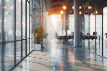 Blurred modern office interior background glass architecture reflections.