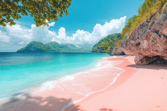 Stunning pink sand beach on Budelli Island with crystal clear waters and lush green hills under a bright blue sky