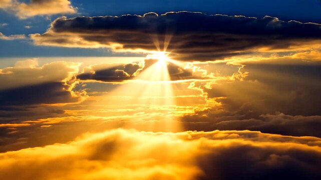 Stunning sunrise over clouds with rays of light breaking through dark clouds, serene atmosphere
