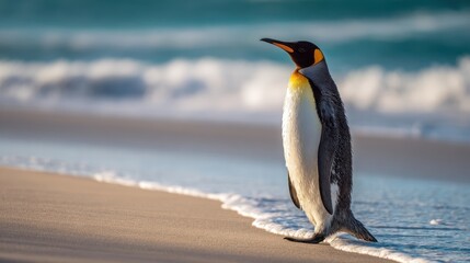 The majestic penguin walking along a serene beach with gentle waves.