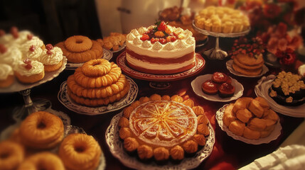 An inviting spread of various sweet baked goods. This delicious array offers cakes, pastries, and treats.