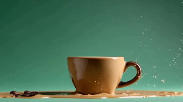 Spilled Coffee: A captivating studio shot depicts a coffee cup mid-spill against a minimalist backdrop, highlighting the energy and dynamics of the moment.