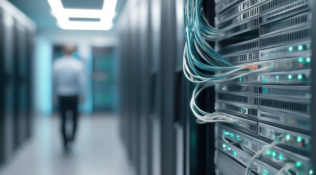 Man walking in modern data center with server racks and cables   - Powered by Adobe