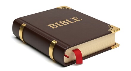 Closed Book with Gold Lettering and Red Bookmark on White Background