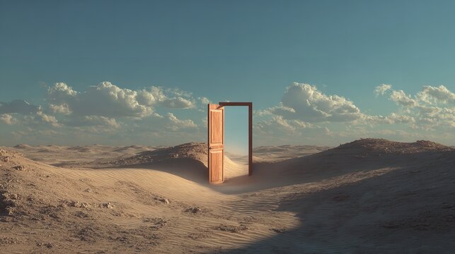 Open blue door in a desert landscape leading to a cloudy sky