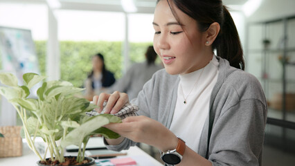 The way forward save the planet earth Gen Z asia people go green mindset net zero waste ESG SDG office nature house plant mental health care stress relief. Young adult woman asian happy smile relax.