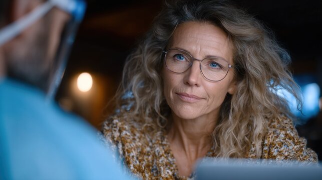 In a calm indoor environment, a healthcare professional discusses treatment options with a patient. patient listens attentively while maintaining eye contact and showing concern