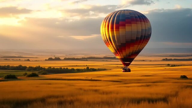 Colorful hot air balloons float across the summer sky at sunset, a vibrant adventure in flight,  A hot air balloon drifting across a vast, golden prairie at dawn  Creative  cinematic horizontal video 