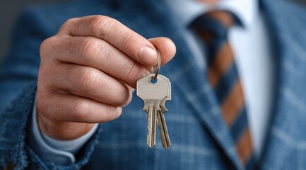 person in a tailored suit extends their hand, showcasing a set of keys