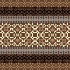 Earthy Tone Traditional Embroidery Art Abstract with Pixel Art Designs for Textile Print