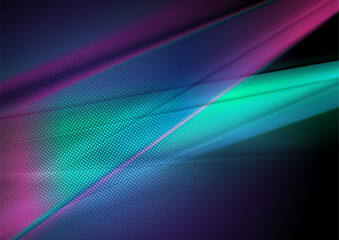 Turquoise and violet glowing smooth stripes abstract blurred background. Vector design