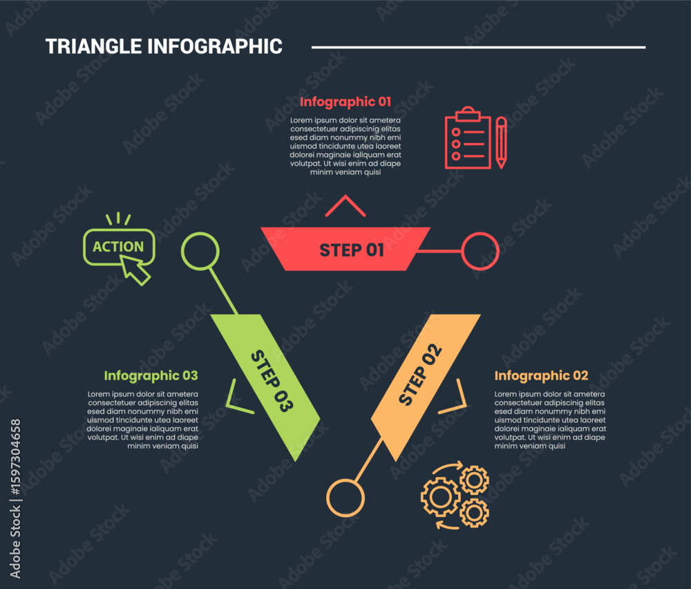 Poster triangle shape infographic process diagram with creative cycle circular with circle dot line connect