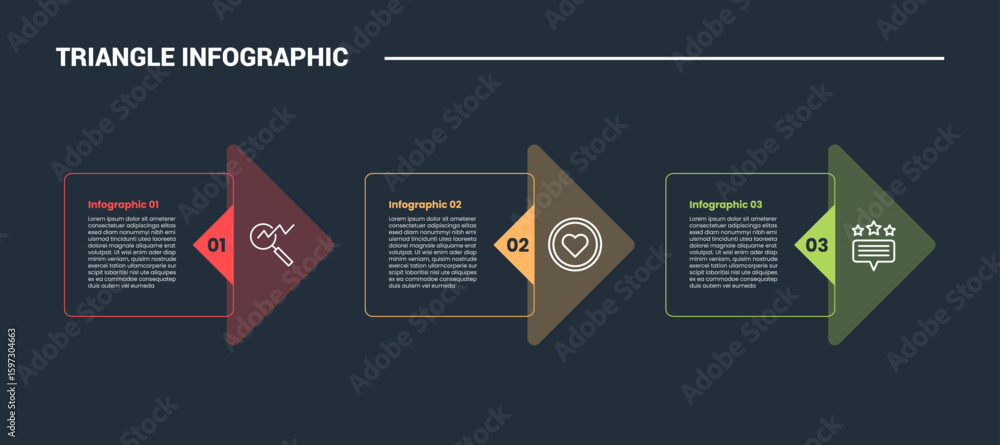 Poster triangle shape infographic process diagram with square box with transparent arrow triangle with 3 po