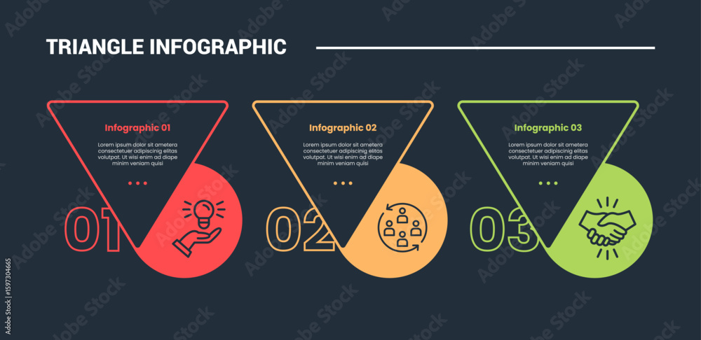 Poster triangle shape infographic process diagram with big circle behind triangle layer with 3 points dark 