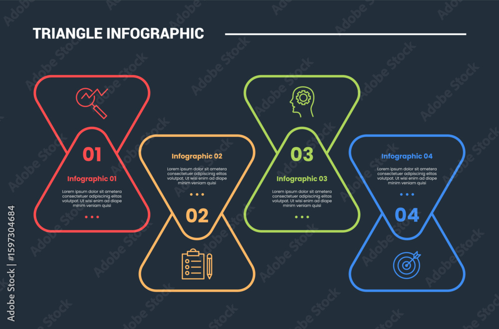 Poster triangle shape infographic process diagram with round triangle upside down on horizontal direction w