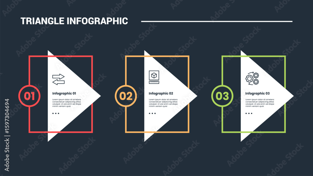 Aufkleber triangle shape infographic process diagram with square box and sharp triangle arrow right direction 