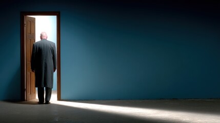 man wearing a long coat stands with his back to the viewer, at an open wooden door. Bright light spills into the empty, dimly lit room, enhancing a feeling of solitude