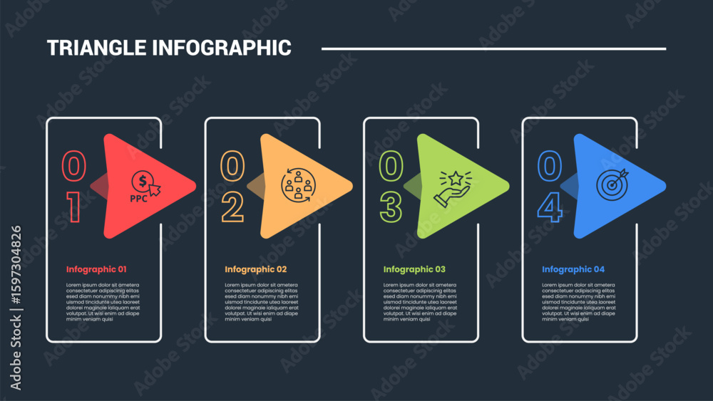 Poster triangle shape infographic process diagram with vertical box with arrow badge on right with 4 points