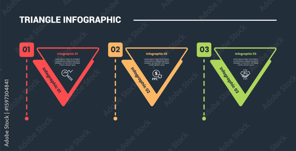 Poster triangle shape infographic process diagram with reverse pyramid and dotted line vertical with 3 poin
