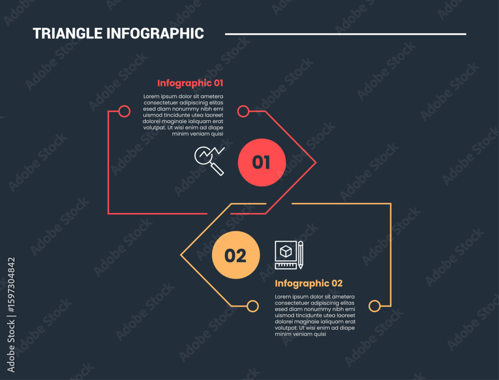 Poster triangle shape infographic process diagram with big arrow container opposite direction with circle b